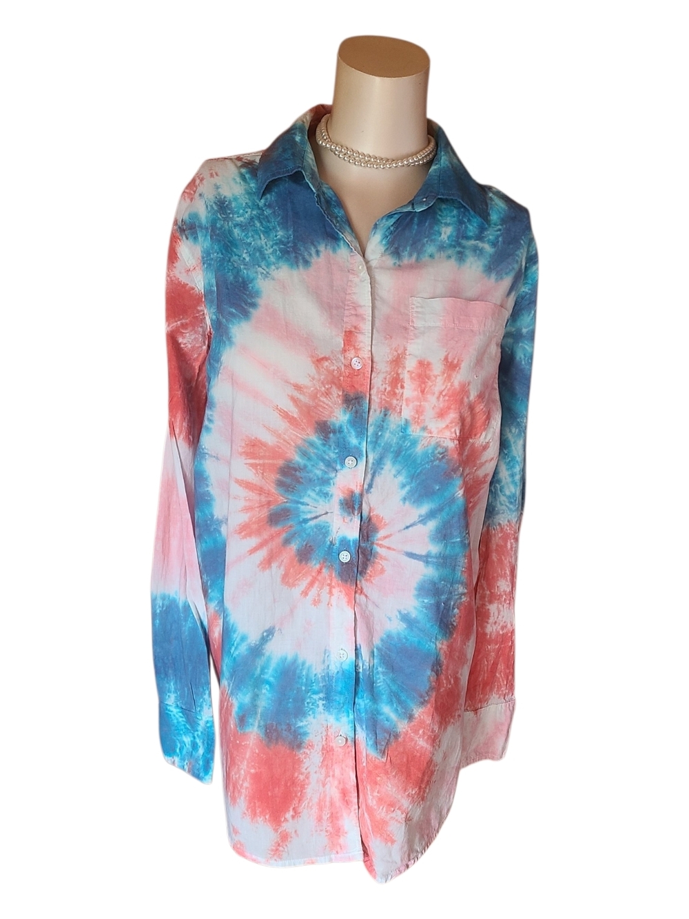 Cabana by Crown & Ivy Tie Dye Button Down Shirt Blue Pink Size S